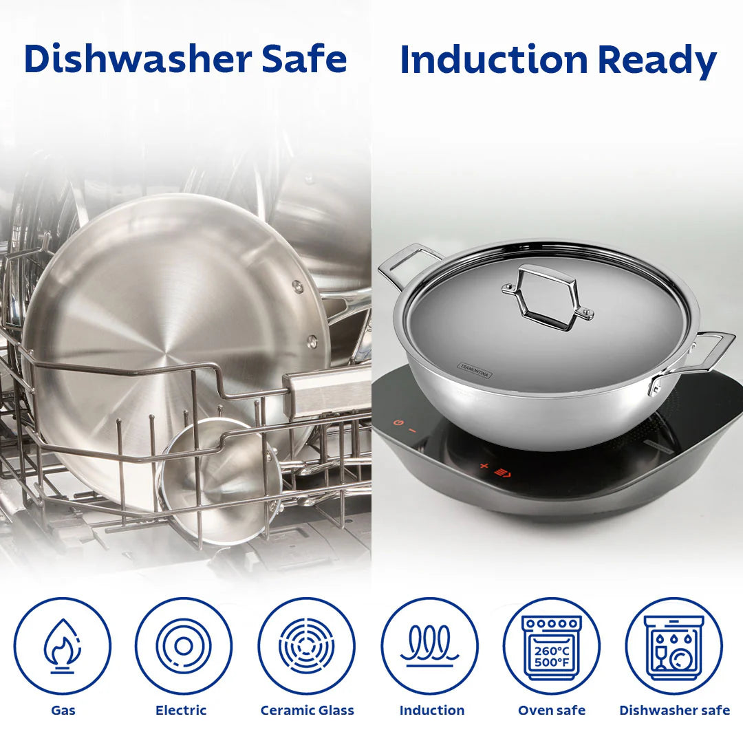 Tramontina Aeion Deep Kadai with SS Lid (20, 24, 26, 28, 32, 36, 40cm) Tri-Ply Clad Stainless Steel