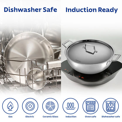 Tramontina Aeion Deep Kadai with SS Lid (20, 24, 26, 28, 32, 36, 40cm) Tri-Ply Clad Stainless Steel