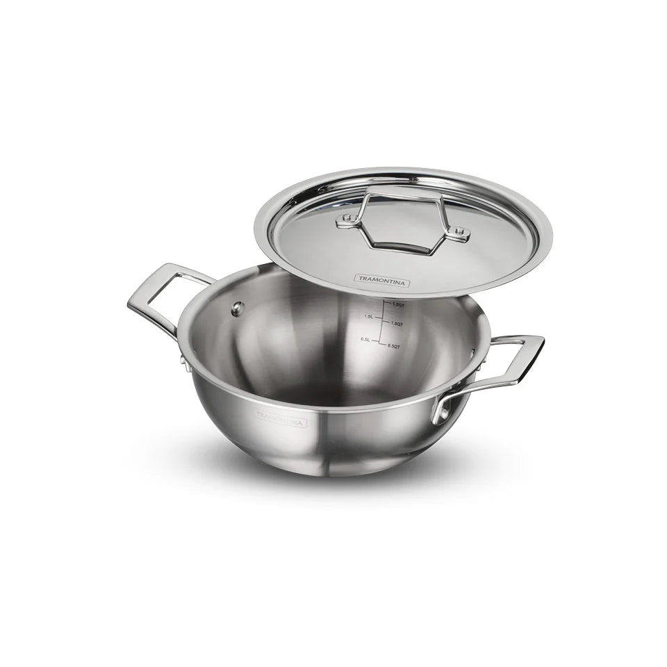 Tramontina Aeion Deep Kadai with SS Lid (20, 24, 26, 28, 32, 36, 40cm) Tri-Ply Clad Stainless Steel