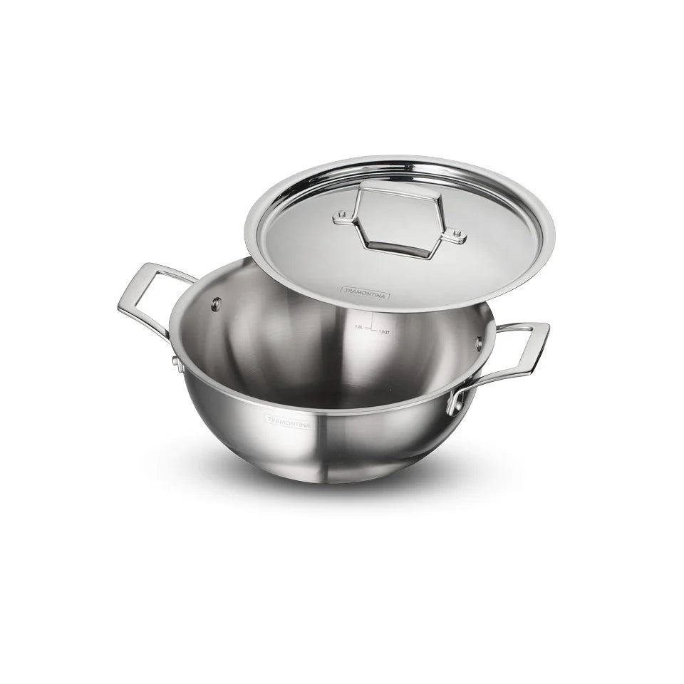Tramontina Aeion Deep Kadai with SS Lid (20, 24, 26, 28, 32, 36, 40cm) Tri-Ply Clad Stainless Steel