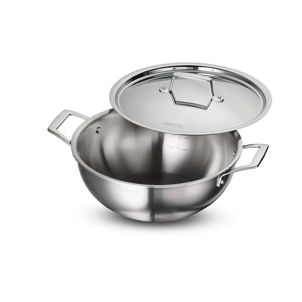 Tramontina Aeion Deep Kadai with SS Lid (20, 24, 26, 28, 32, 36, 40cm) Tri-Ply Clad Stainless Steel