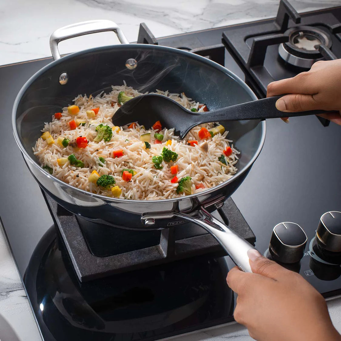 Tramontina Fusao Wok with SS Lid (24cm) Tri-Ply Clad Stainless Steel Ceramic Coated