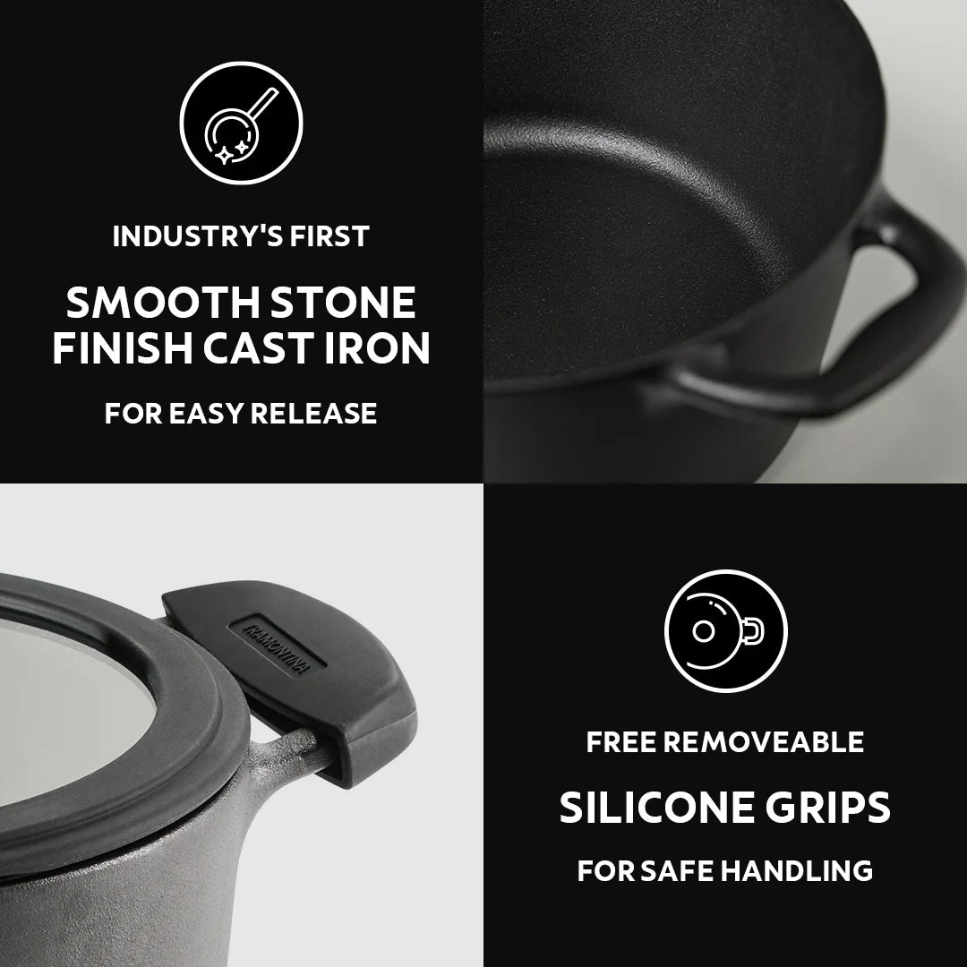 Tramontina Titanex Casserole with Glass Lid (20cm - 24cm)  Pre-Seasoned Cast Iron