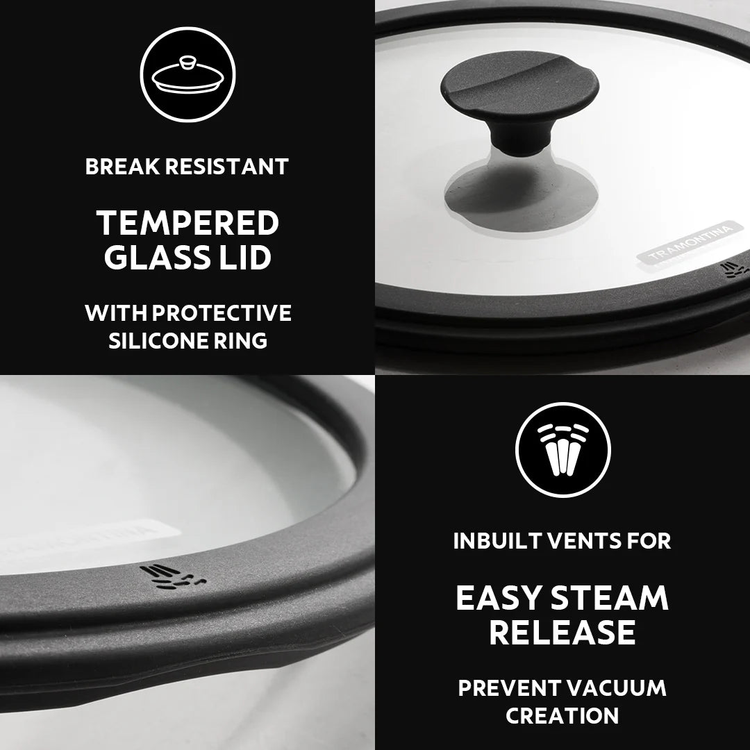 Tramontina Titanex Kadai with Glass Lid (20, 24, 26, 30cm) Pre-Seasoned Cast Iron