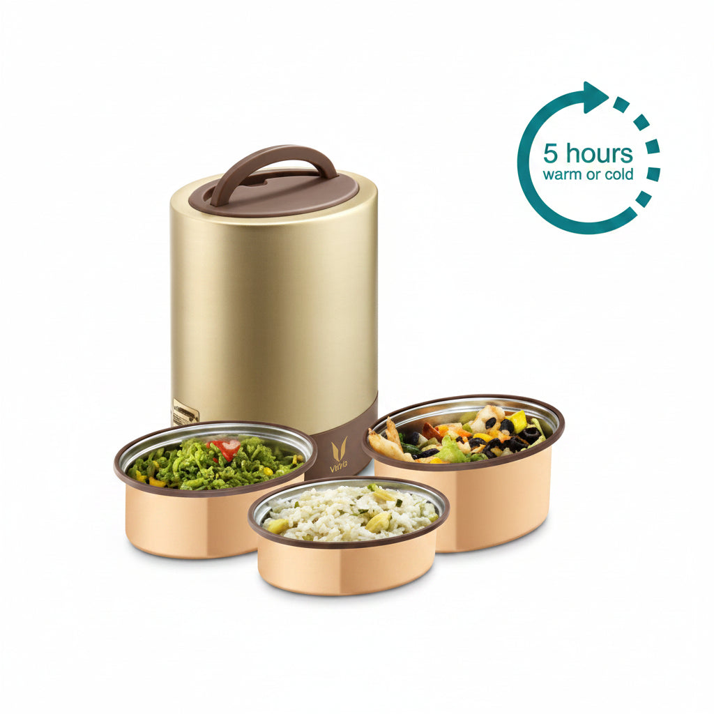 Vaya Tyffyn 1300ml Thermal Vacuum Insulated with 3 inner containers (600ml* 1 + 400ml * 1 + 300ml * 1 Copper Coated Inner Containers)