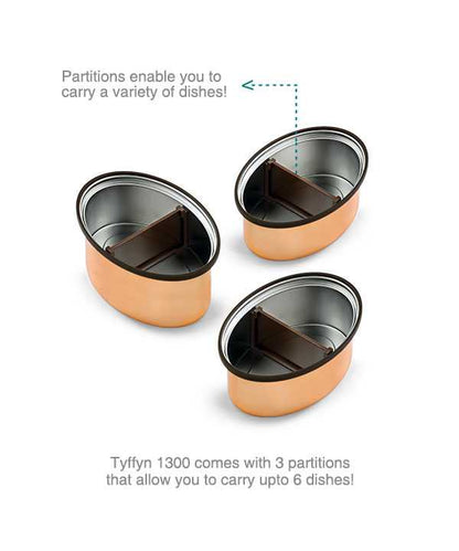 Vaya Tyffyn 1300ml Thermal Vacuum Insulated with 3 inner containers (600ml* 1 + 400ml * 1 + 300ml * 1 Copper Coated Inner Containers)