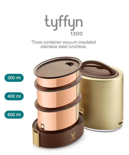 Vaya Tyffyn 1300ml Thermal Vacuum Insulated with 3 inner containers (600ml* 1 + 400ml * 1 + 300ml * 1 Copper Coated Inner Containers)