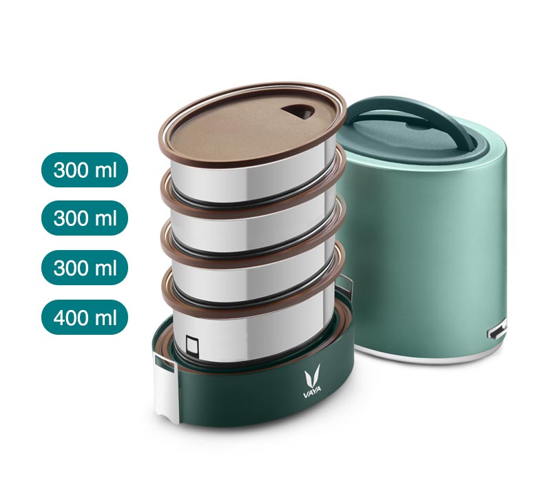 Vaya Tyffyn 1300ml Thermal Vacuum Insulated with 4 inner containers (400ml * 1 + 300ml * 3 Stainless Steel Inner Containers)