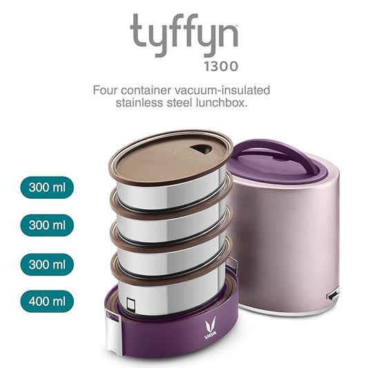 Vaya Tyffyn 1300ml Thermal Vacuum Insulated with 4 inner containers (400ml * 1 + 300ml * 3 Stainless Steel Inner Containers)