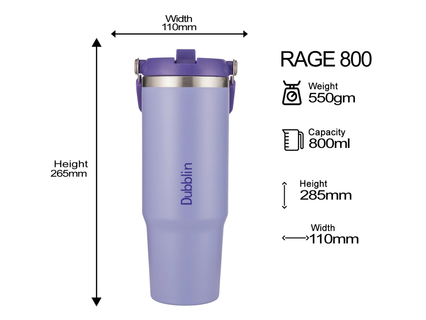 Dubblin Rage 800ml Thermal Vacuum Insulated Mug with Straw