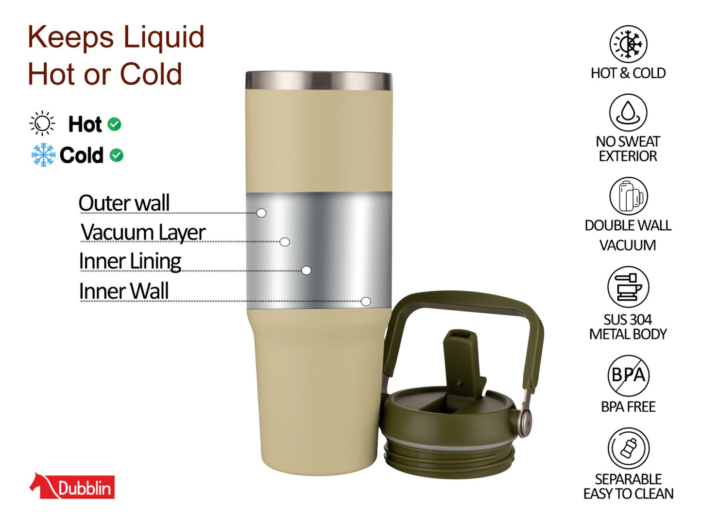 Dubblin Rage 800ml Thermal Vacuum Insulated Mug with Straw