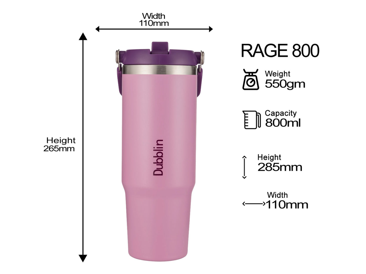 Dubblin Rage 800ml Thermal Vacuum Insulated Mug with Straw