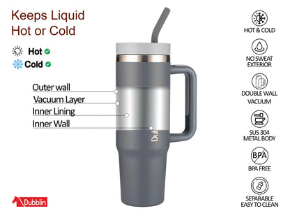 Dubblin Bold 900ml Thermal Vacuum Insulated Mug with Stainless Steel Straw (Twin Flow: Gulper Plus Straw Sipper)