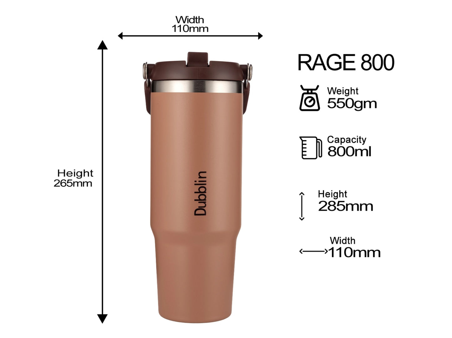 Dubblin Rage 800ml Thermal Vacuum Insulated Mug with Straw