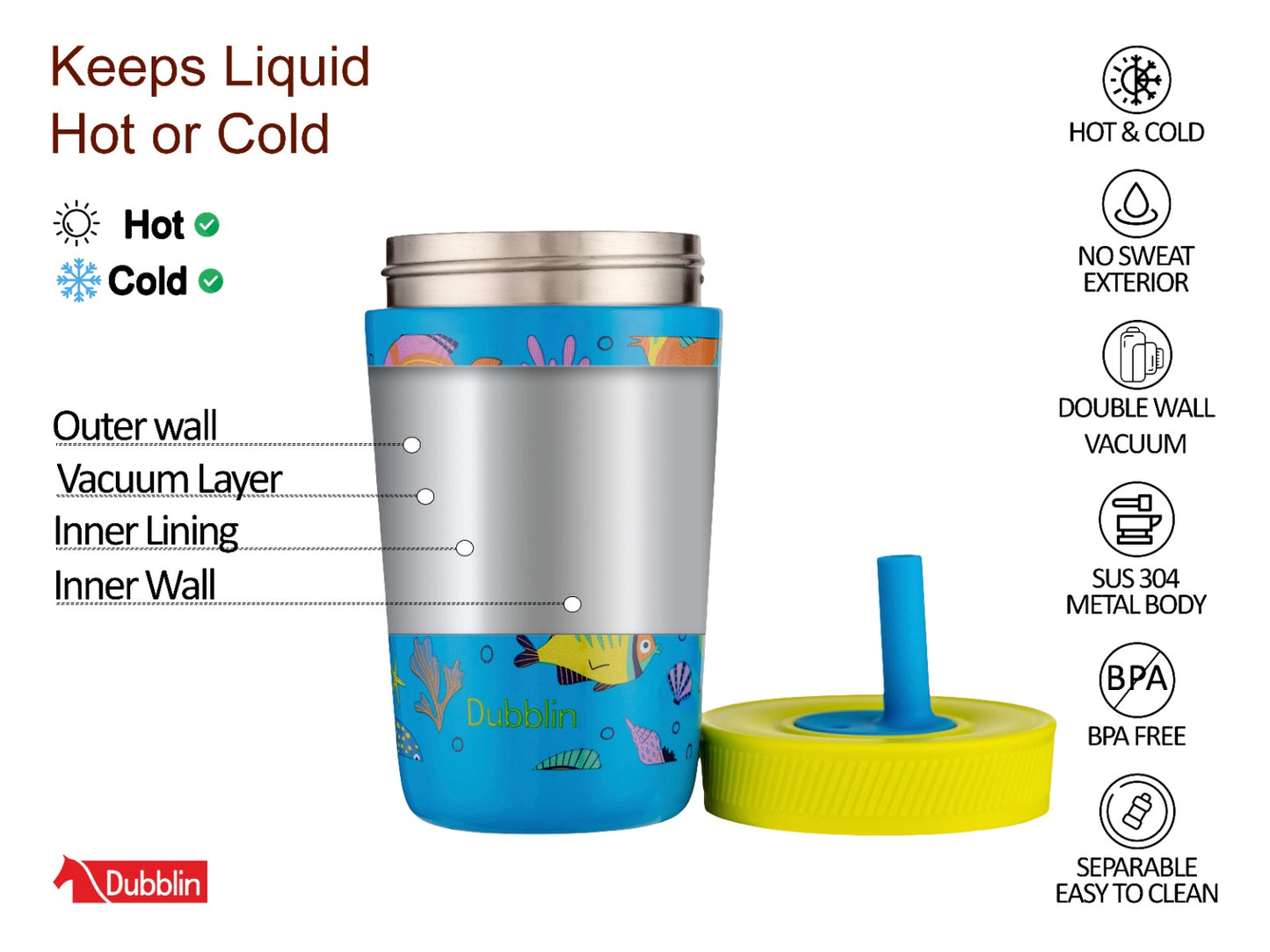 Dubblin Passion 350ml Thermal Vacuum Insulated Kids Bottle with Straw