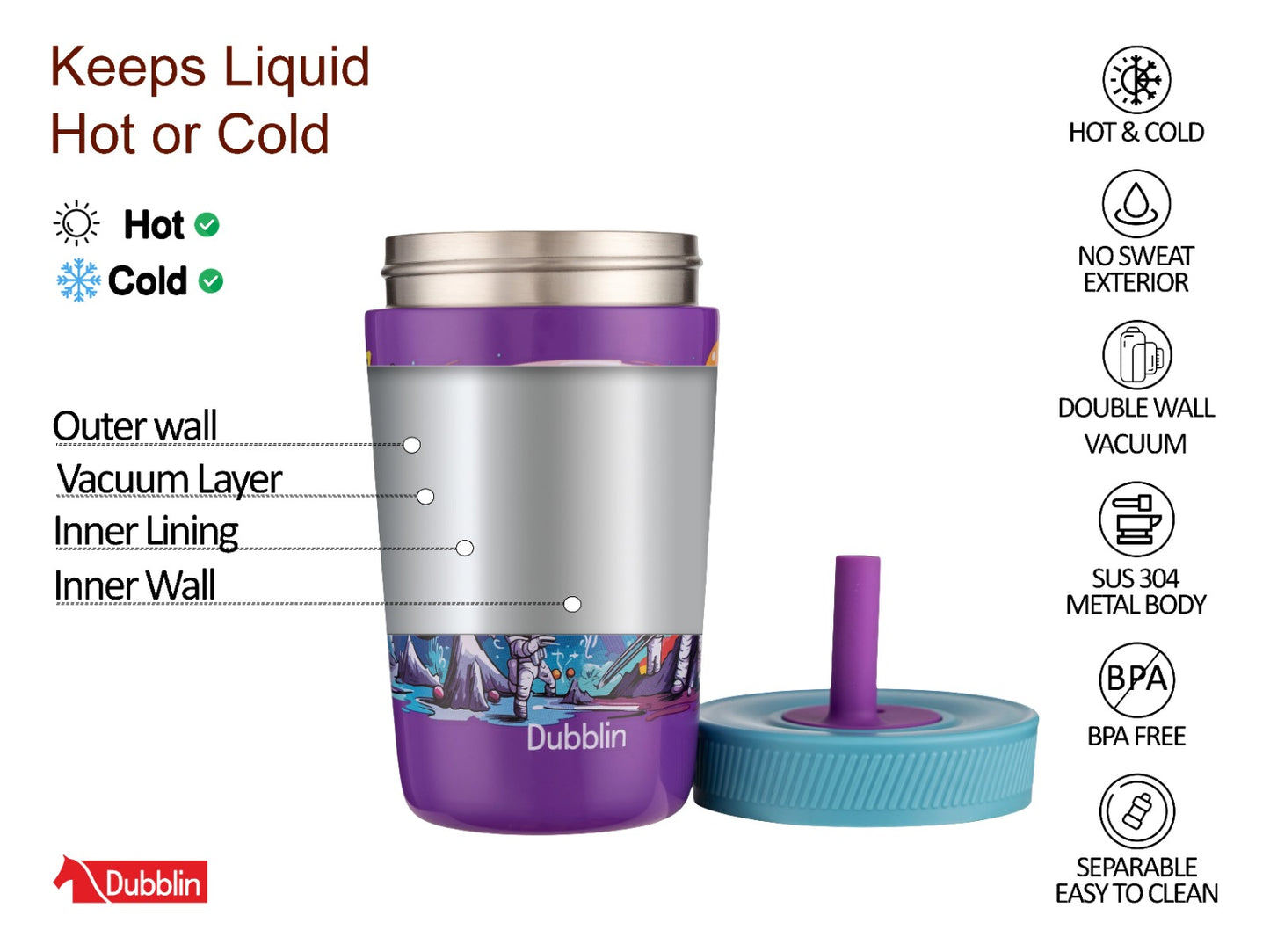 Dubblin Passion 350ml Thermal Vacuum Insulated Kids Bottle with Straw