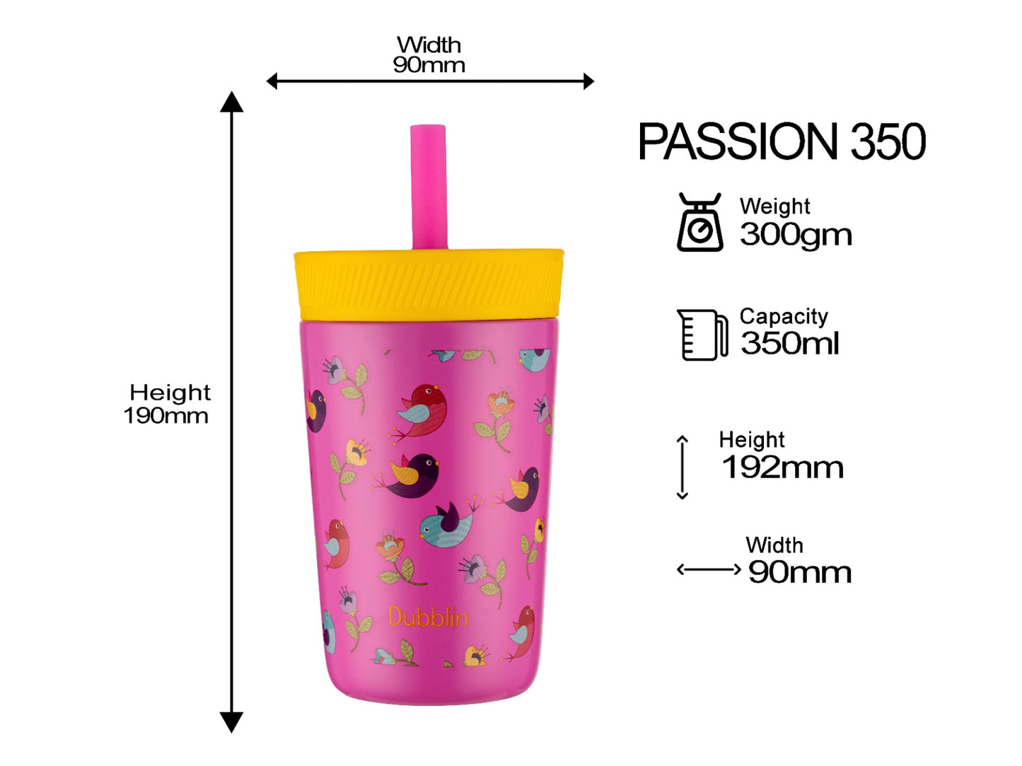 Dubblin Passion 350ml Thermal Vacuum Insulated Kids Bottle with Straw