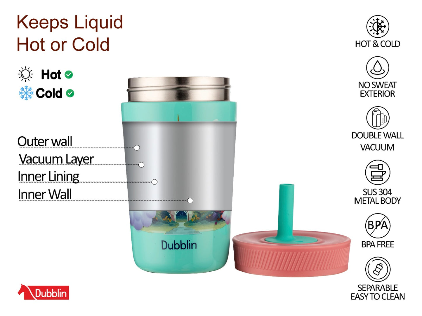 Dubblin Passion 350ml Thermal Vacuum Insulated Kids Bottle with Straw