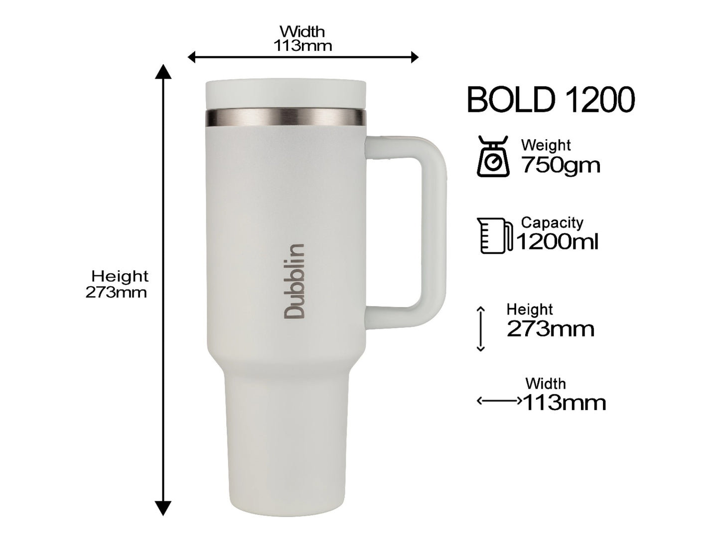 Dubblin Bold 1200ml Thermal Vacuum Insulated Mug with Stainless Steel Straw (Twin Flow: Gulper Plus Straw Sipper)