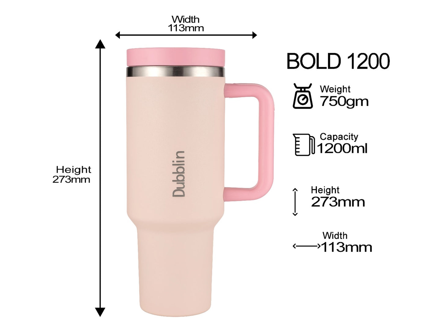 Dubblin Bold 1200ml Thermal Vacuum Insulated Mug with Stainless Steel Straw (Twin Flow: Gulper Plus Straw Sipper)