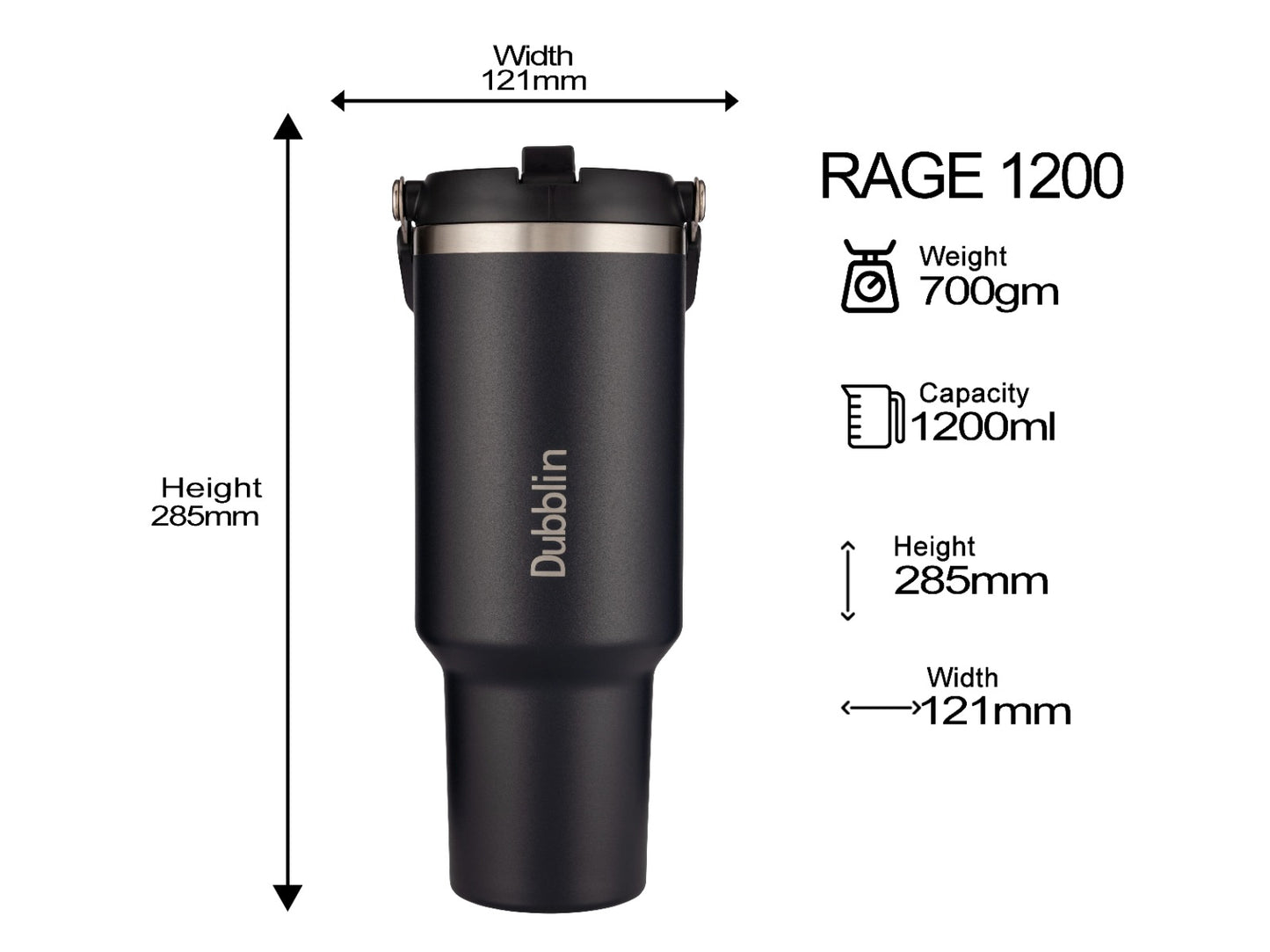 Dubblin Rage 1200ml Thermal Vacuum Insulated Mug with Straw