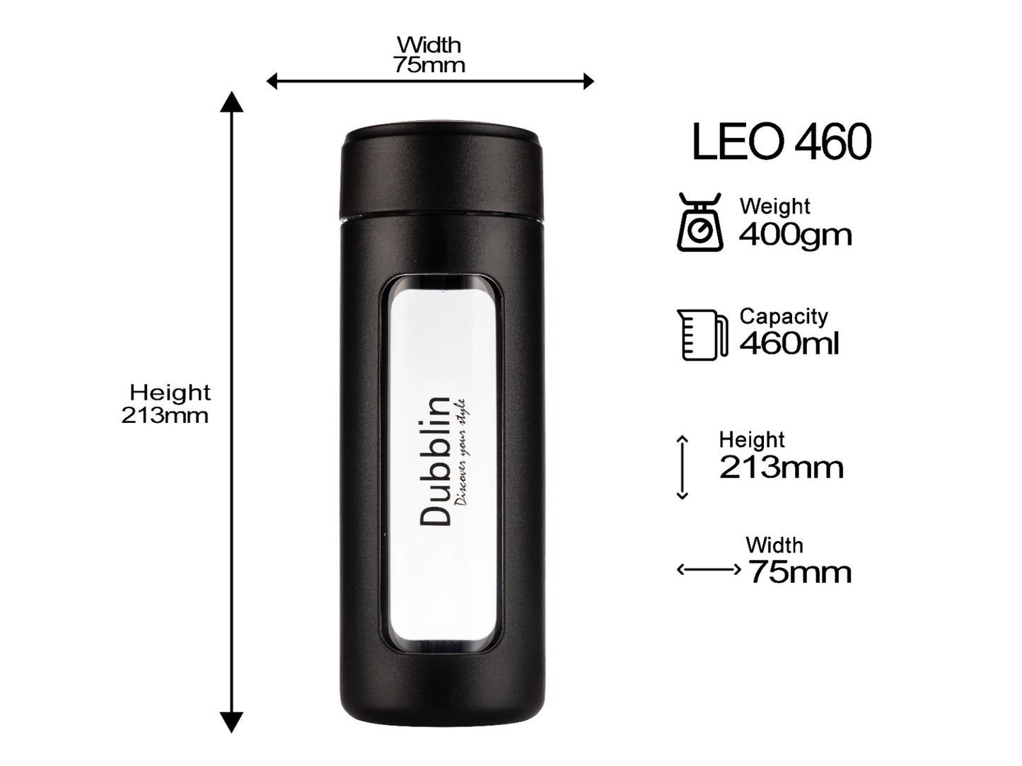 Dubblin Leo 460 Borosilicate Glass Bottle with Inside Strainer