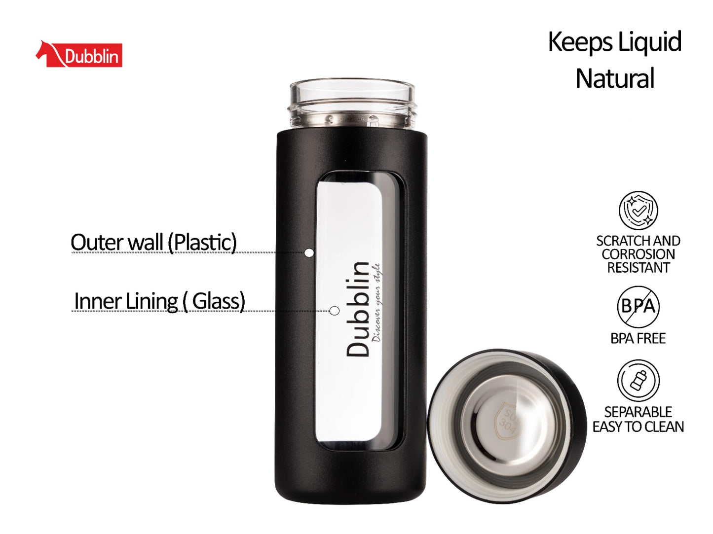 Dubblin Leo 460 Borosilicate Glass Bottle with Inside Strainer