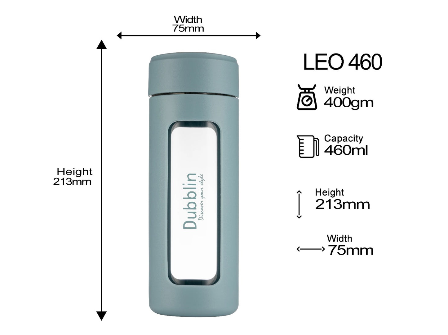 Dubblin Leo 460 Borosilicate Glass Bottle with Inside Strainer