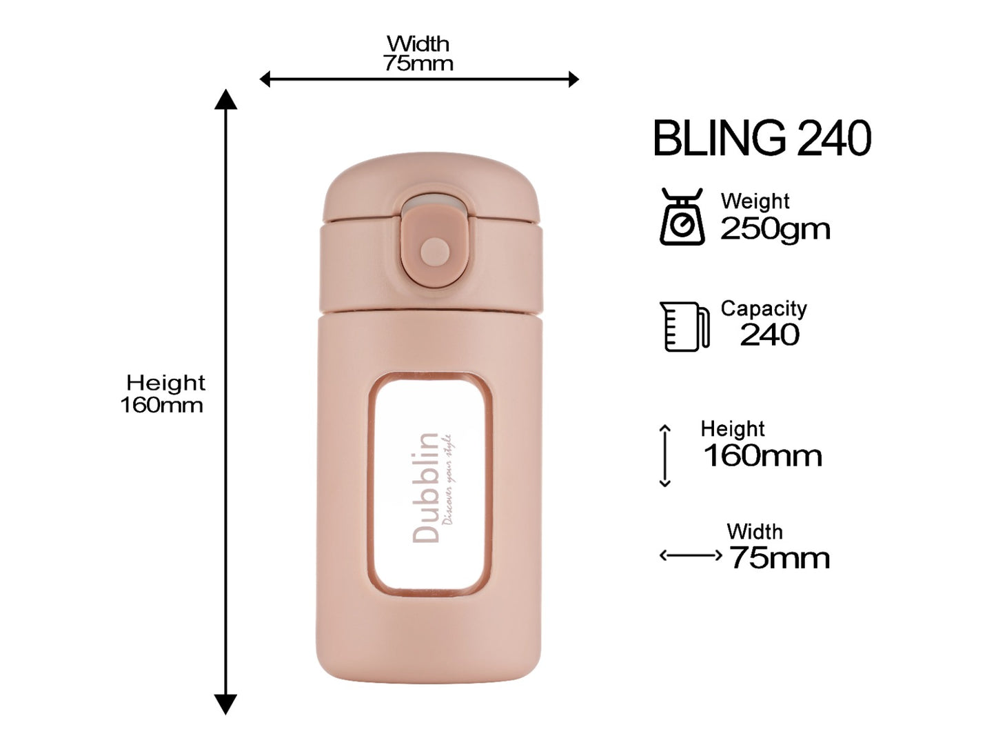 Dubblin Bling 240ml Borosilicate Glass Bottle with Straw Sipper