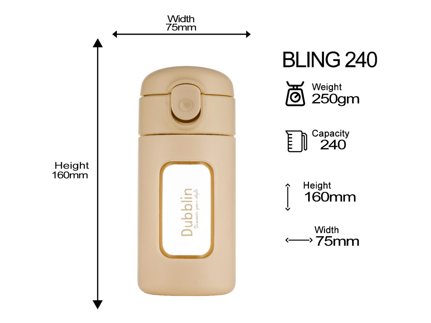 Dubblin Bling 240ml Borosilicate Glass Bottle with Straw Sipper
