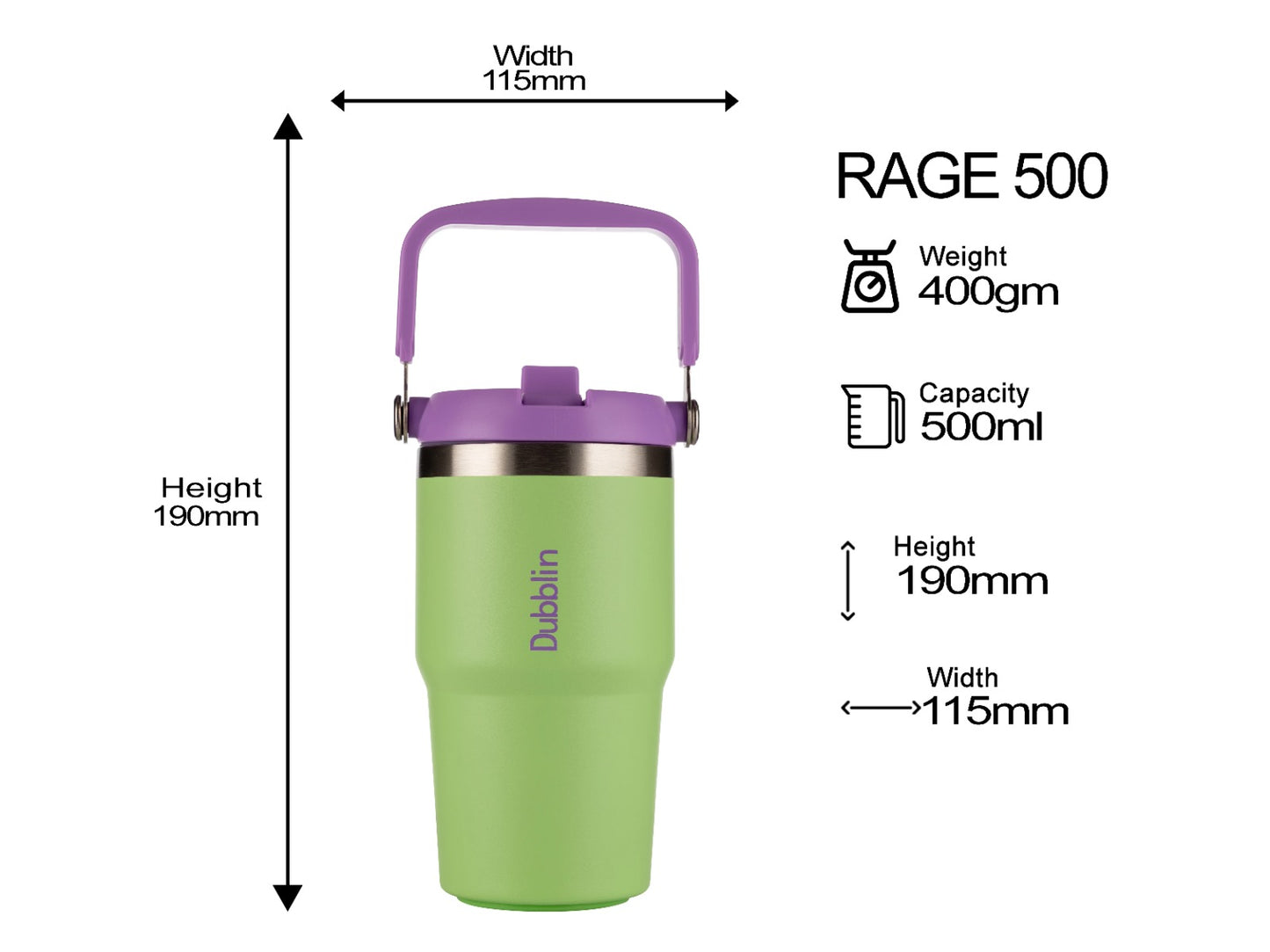 Dubblin Rage 550ml Thermal Vacuum Insulated Mug with Straw