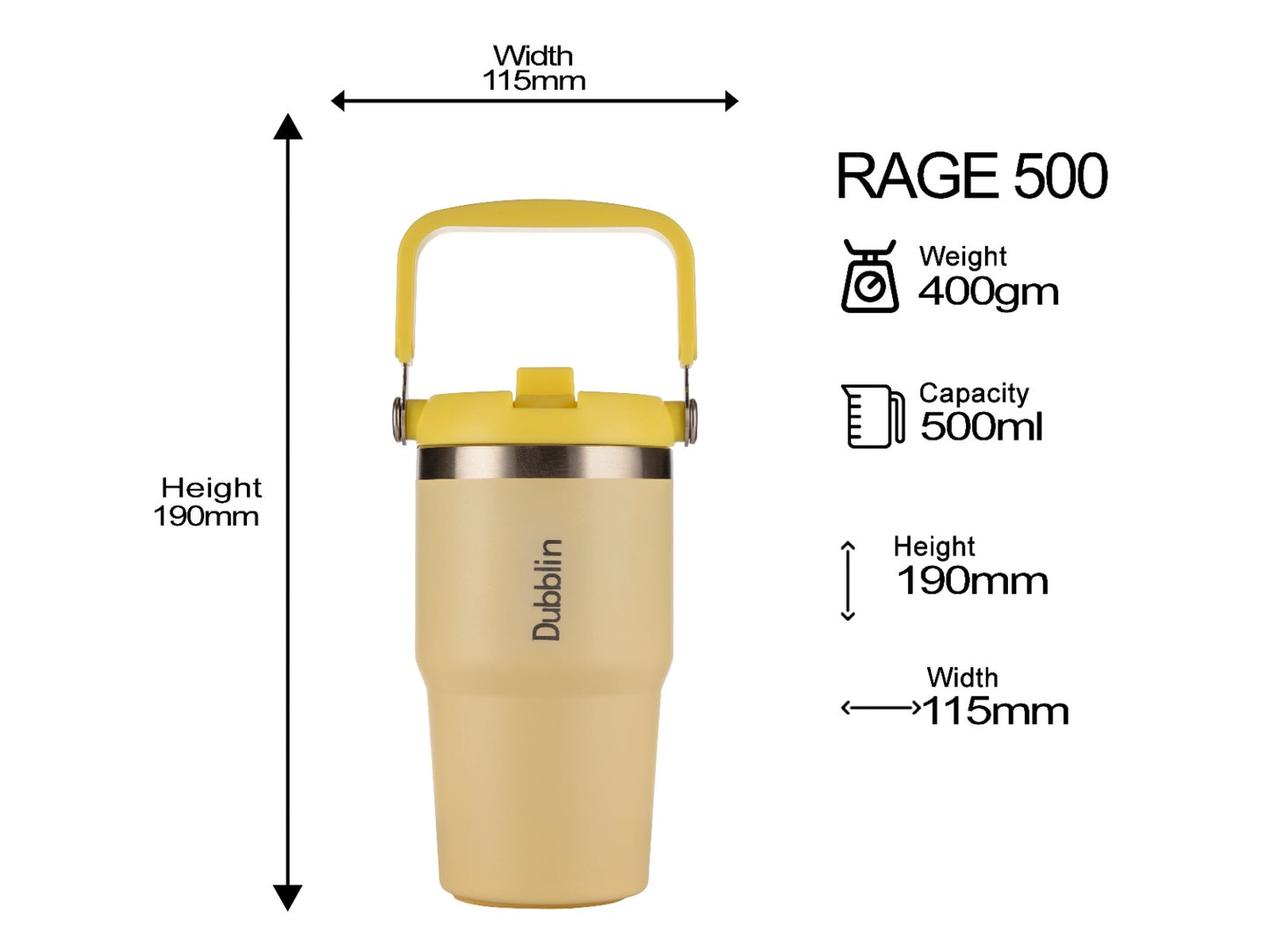 Dubblin Rage 550ml Thermal Vacuum Insulated Mug with Straw