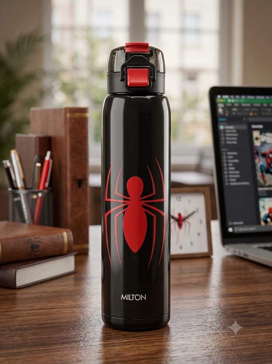 Milton Steel Web 900 Stainless Steel Bottle - Outside Plastic Inside Stainless Steel (Twin Flow: Gulper Plus Straw Sipper)