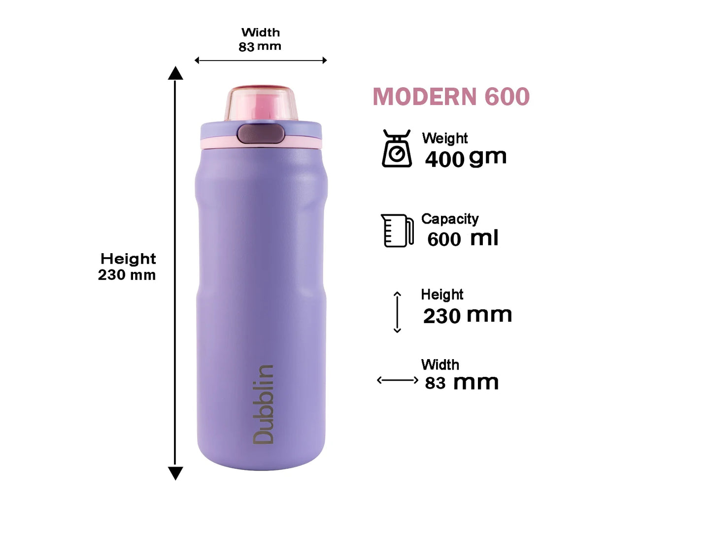 Dubblin Modern 600 Thermal Vacuum Insulated Bottle (Twin Flow: Gulper Plus Straw Sipper)