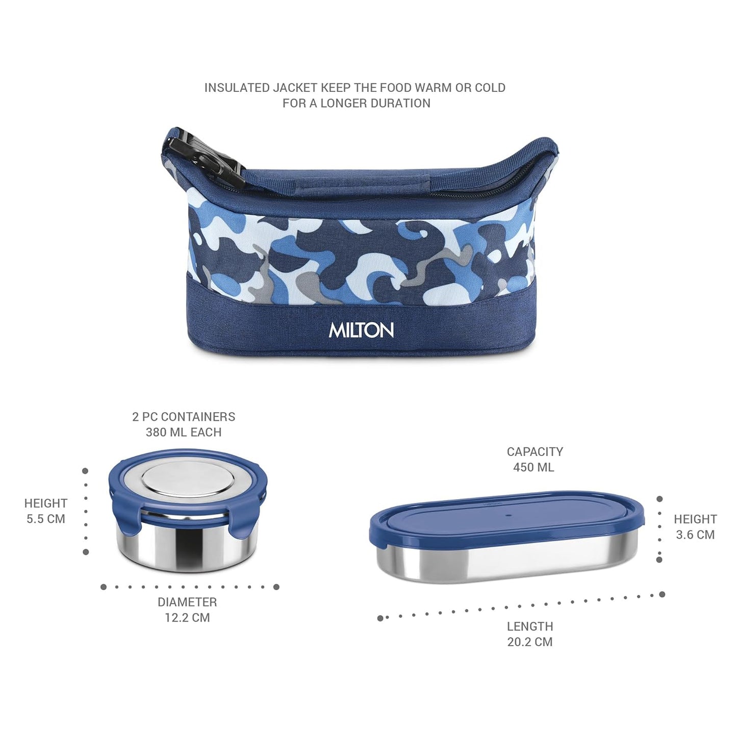Milton Camo Delight Stainless Steel Lunch Set with 2*380ml Containers, 1*450ml Container and 1 Bag
